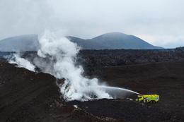It was decided to start cooling the lava again last night to slow down lava tongues that were splattering over the defense wall.