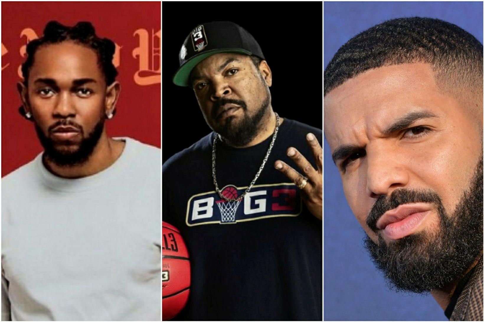 Rappararnir Kendrick Lamar, Ice Cube og Drake.