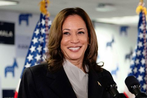 TOPSHOT - US Vice President and Democratic presidential candidate Kamala Harris speaks at her campaign …