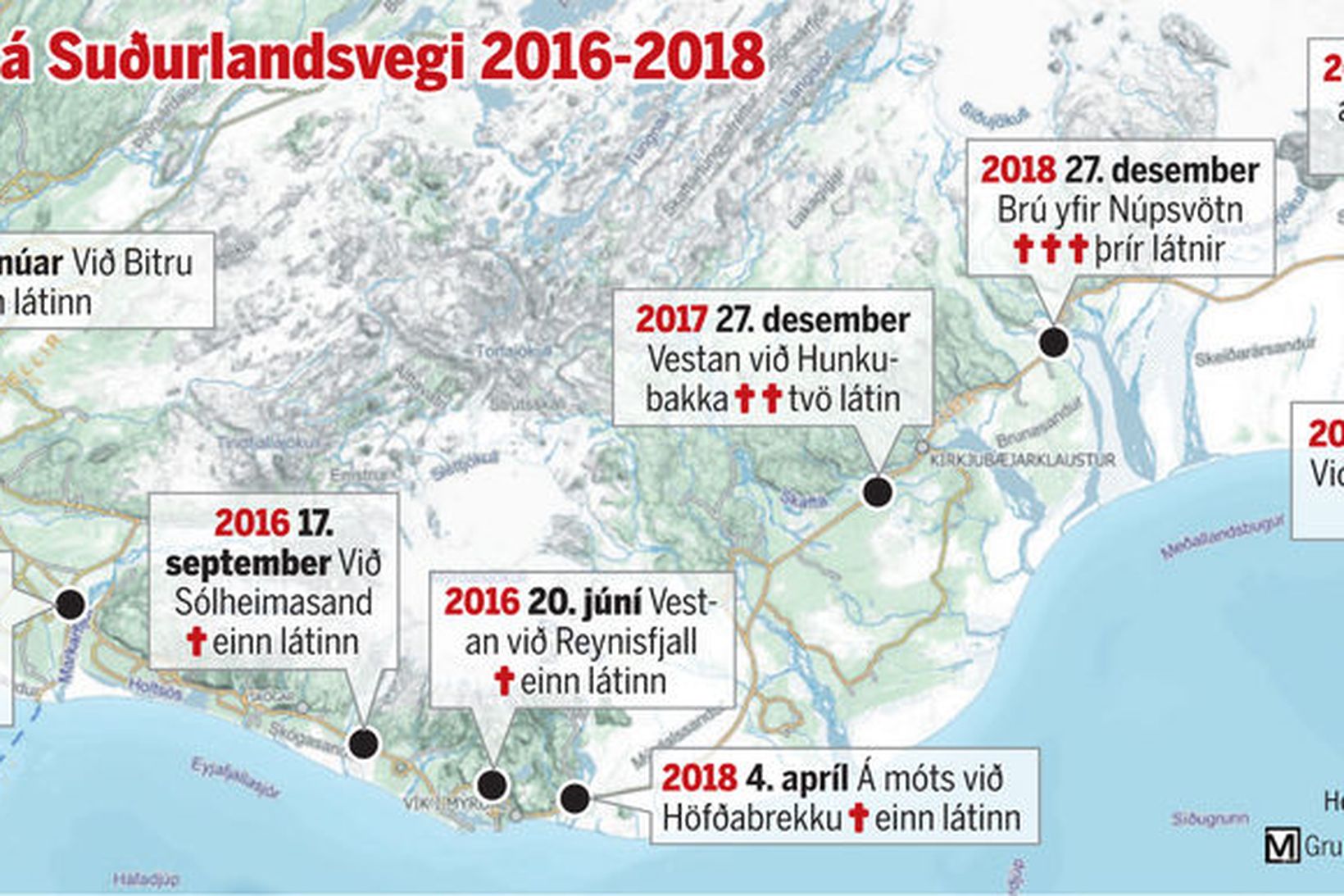 Banaslys á Suðurlandsvegi 2016-2018.