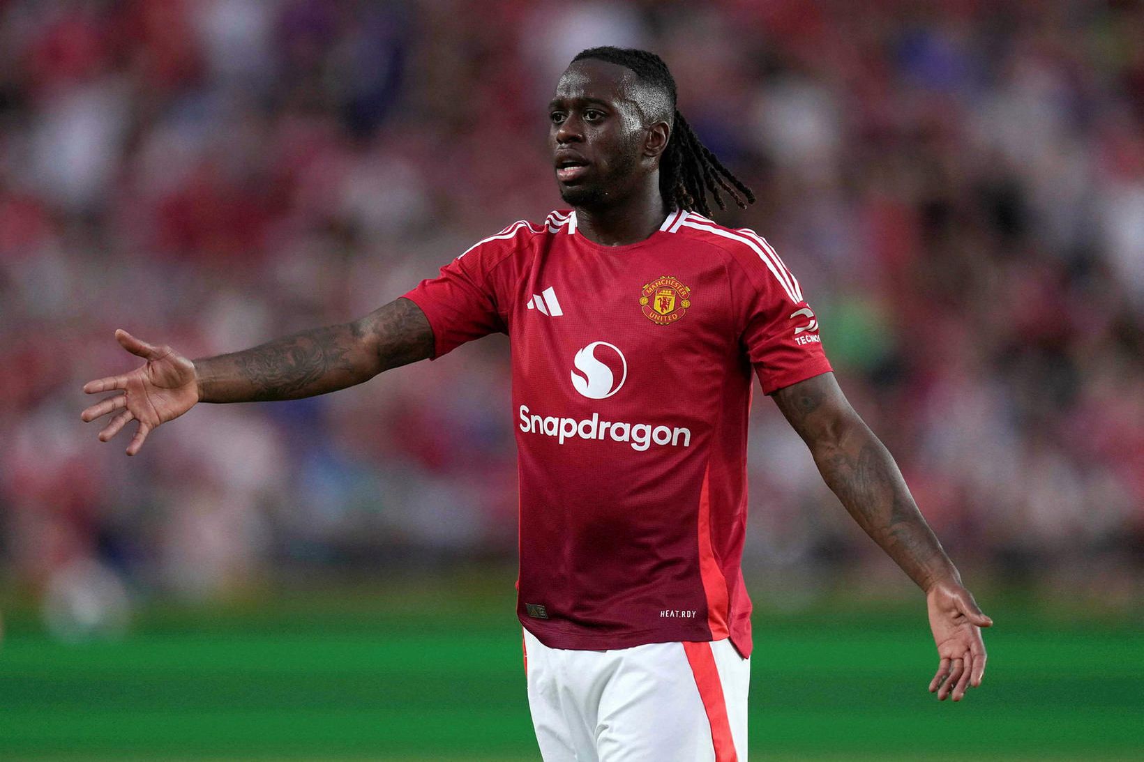 Aaron Wan-Bissaka í leik með Manchester United á undirbúningstímabilinu í …