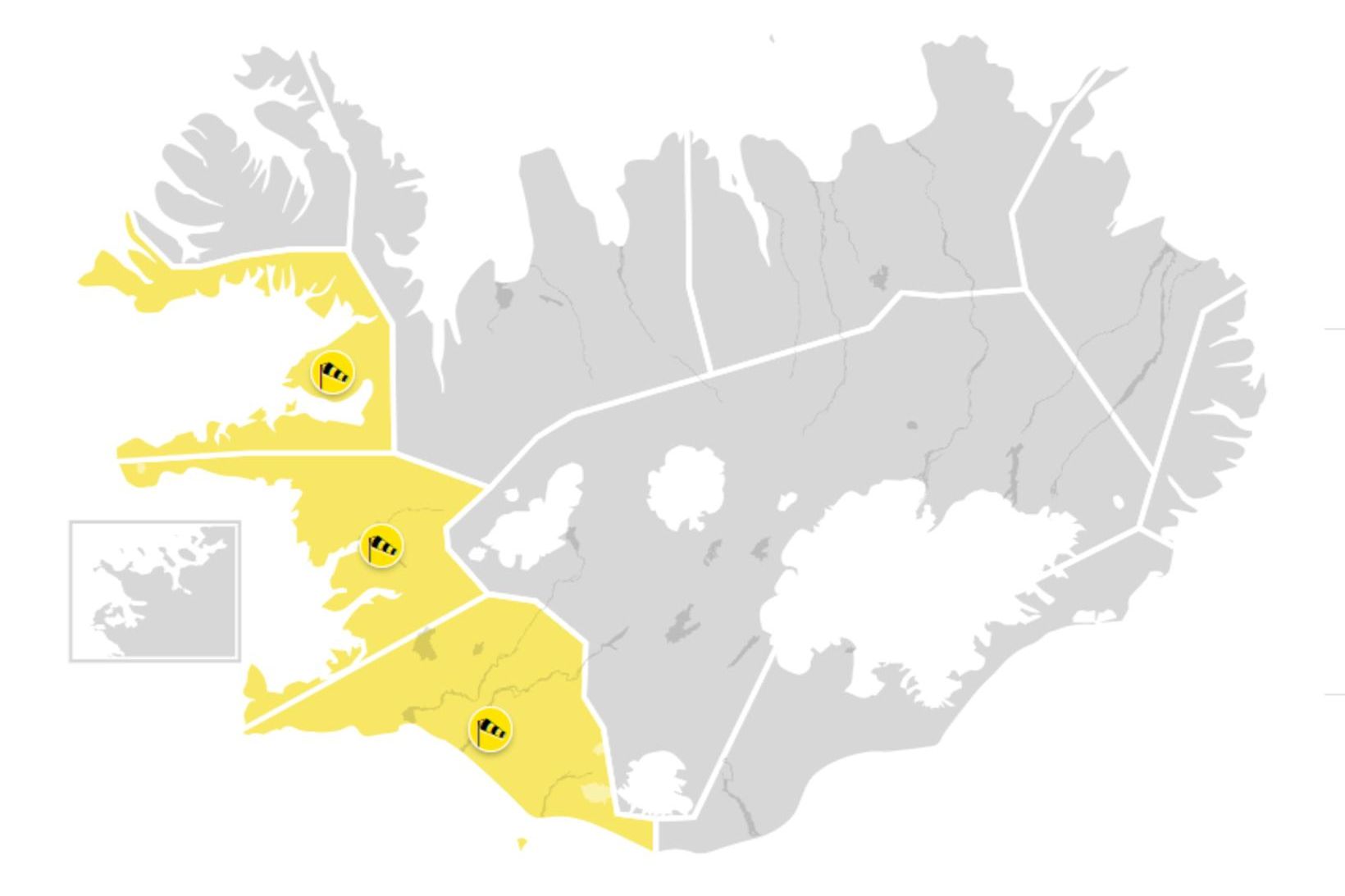 Gul viðvörun verður á Breiðafirði, Faxaflóa og á Suðurlandi.
