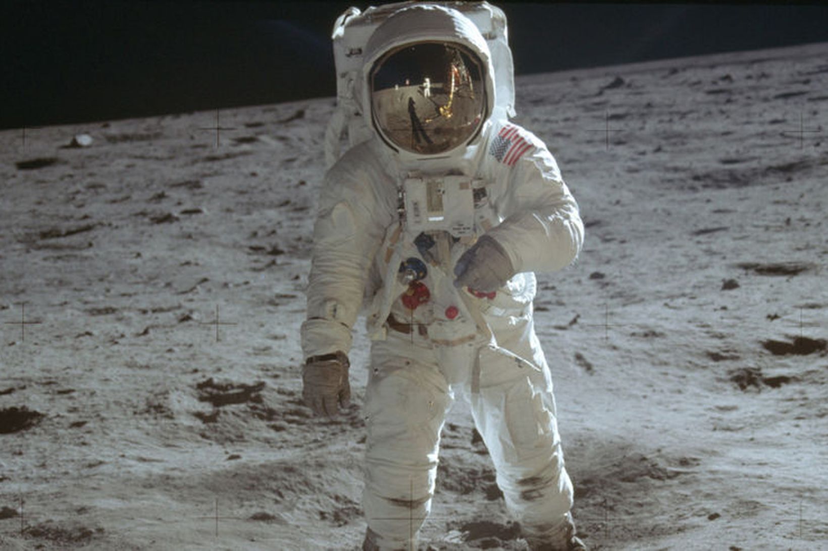 Buzz Aldrin á tunglinu 20. júlí 1969. Það er ekki …