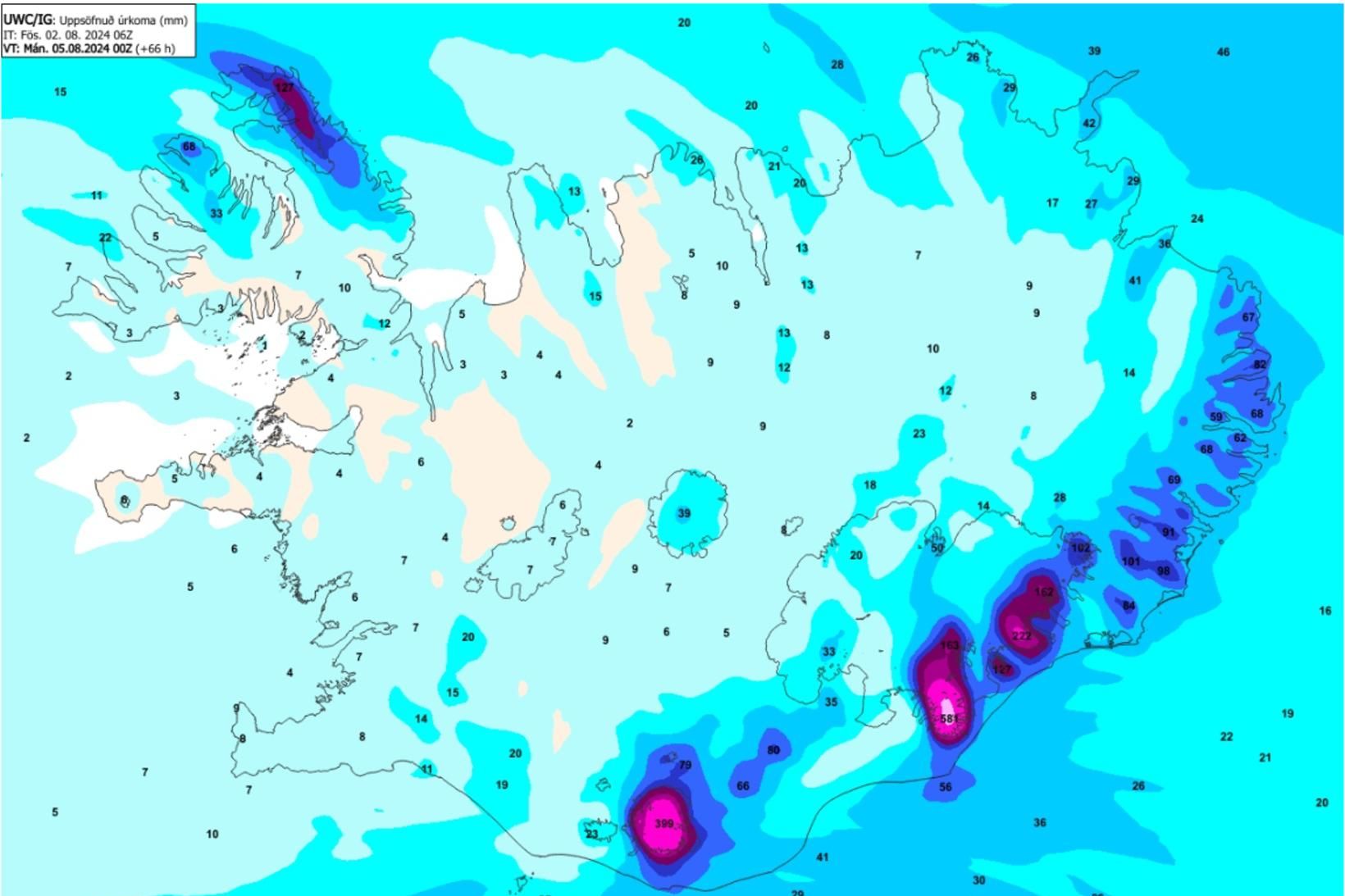 Uppsöfnuð úrkoma fram á sunnudagskvöld.