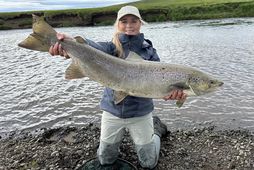 Ragnheiður Þengilsdóttir with the biggest fish that has been caught in Víðidalsá river this summer. …