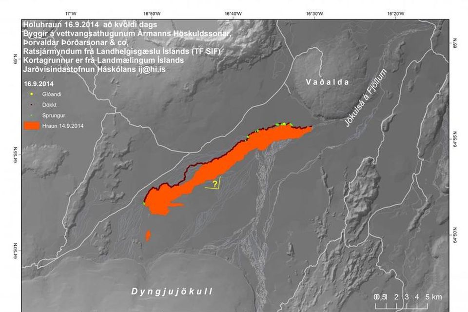 Map showing the spread of the lava in Holuhraun last night.