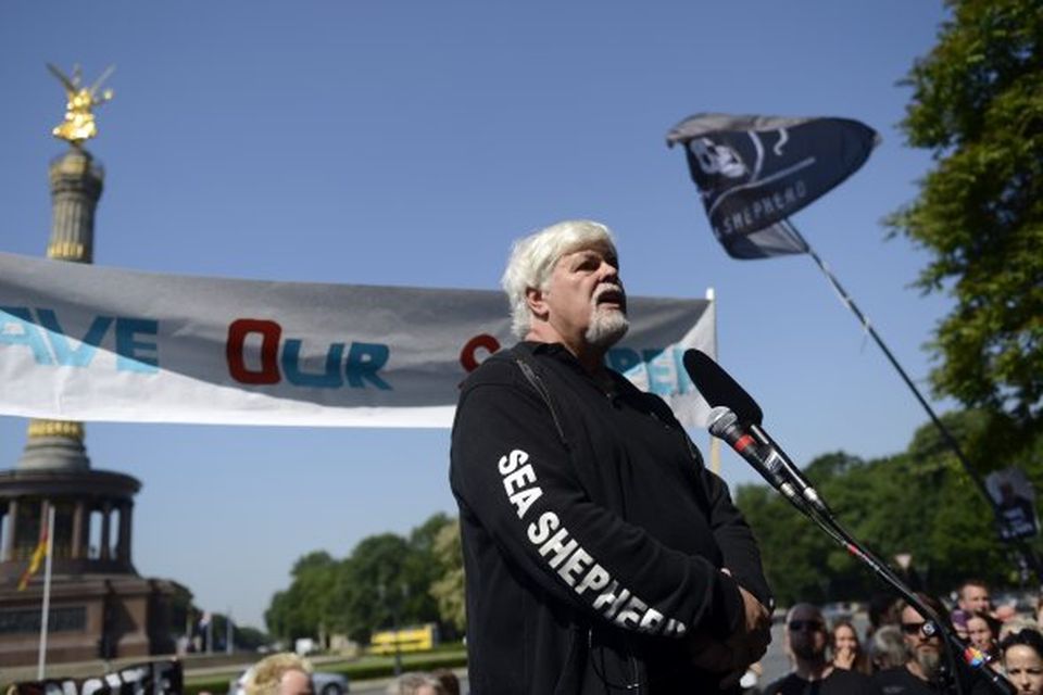 Paul Watson, stofnandi Sea Shepherd á útifundi í Berlín í dag.