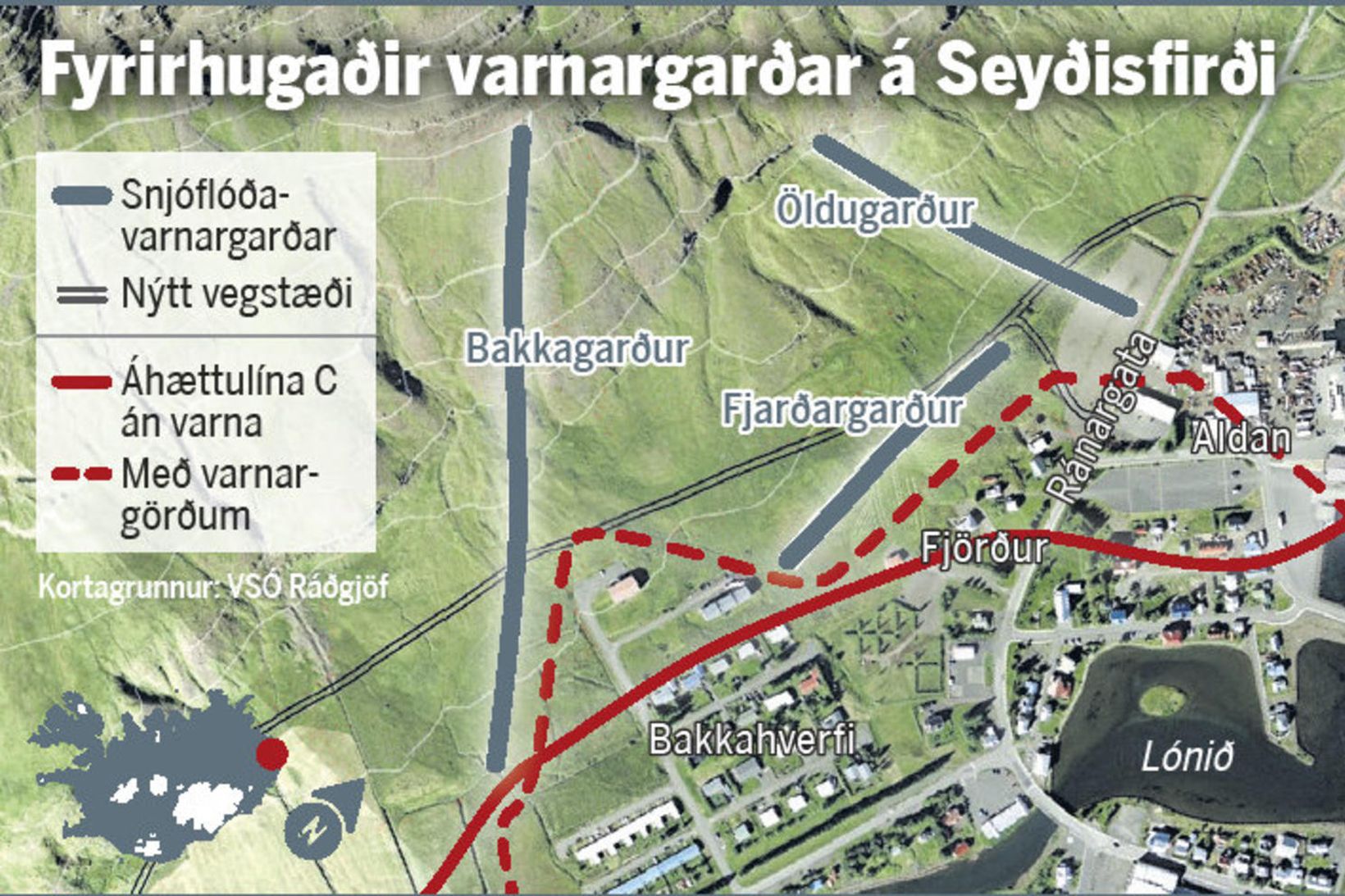 Fyrirhugaðir varnargarðar á Seyðisfirði.