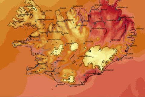 Hitaspá Veðurstofunnar klukkan 14 í dag.