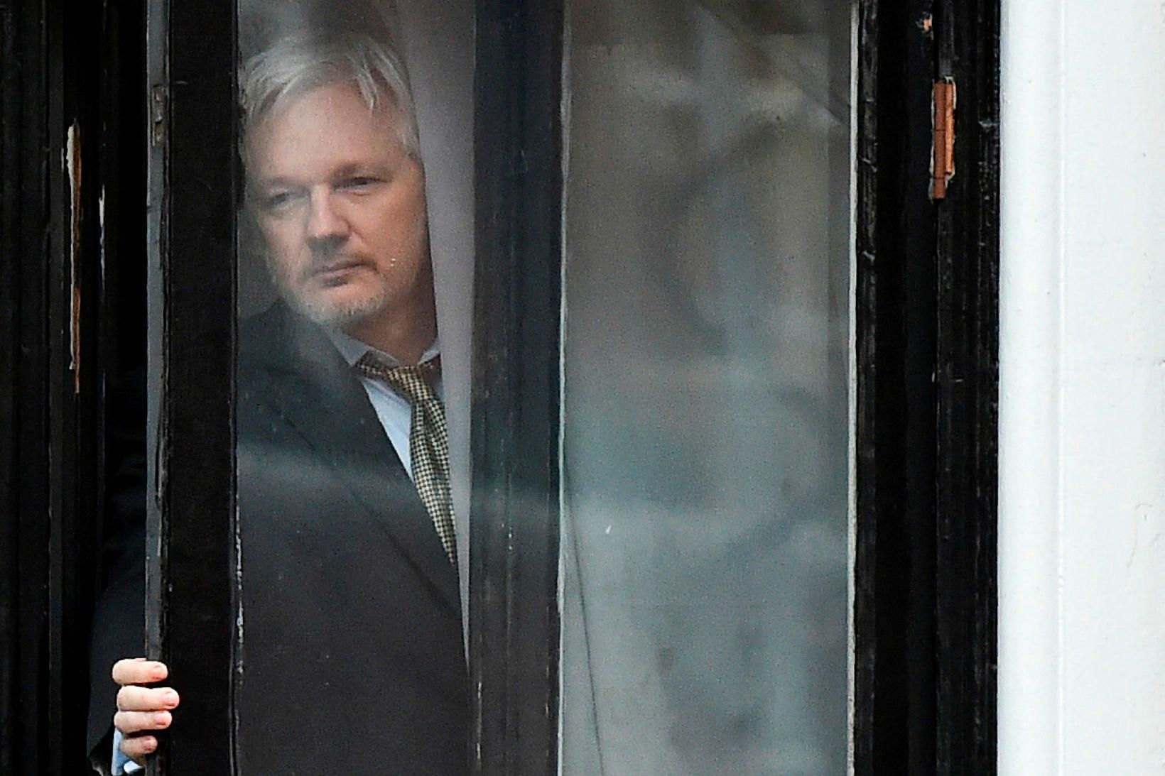Julian Assange við glugga svala Ekvadorska sendiráðsins í London árið …