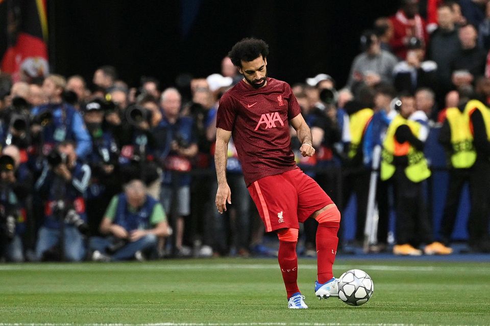 Mohamed Salah hitar upp á Stade de France í kvöld.