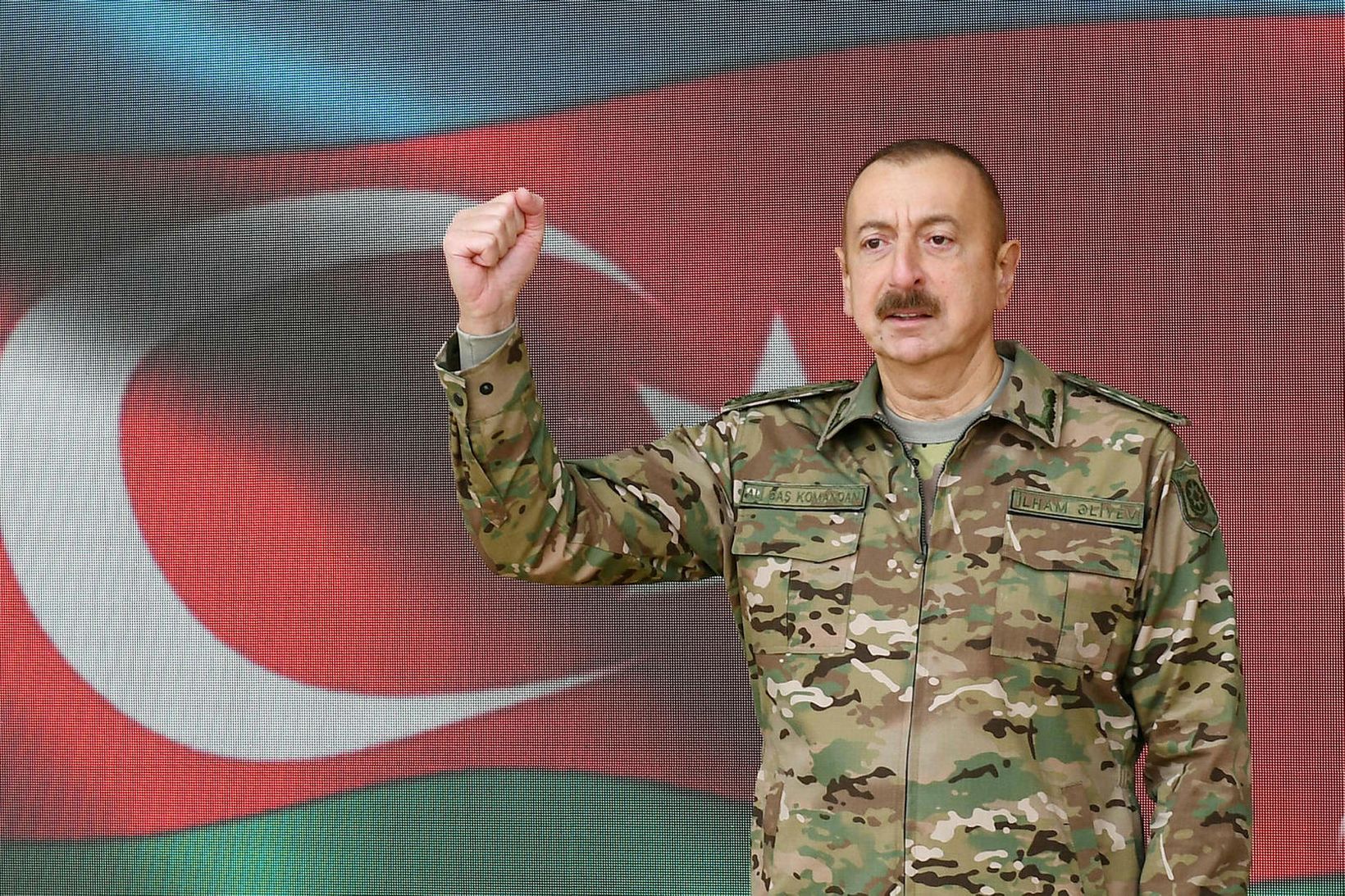Ilham Aliyev, forseti Aserbaídsjan, í sjónvarpsávarpi sínu í dag.