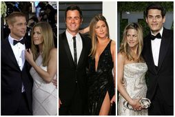 Leikkonan Jennifer Aniston ásamt fyrrverandi mökum sínum, þeim Brad Pitt, Justin Theroux og John Mayer.