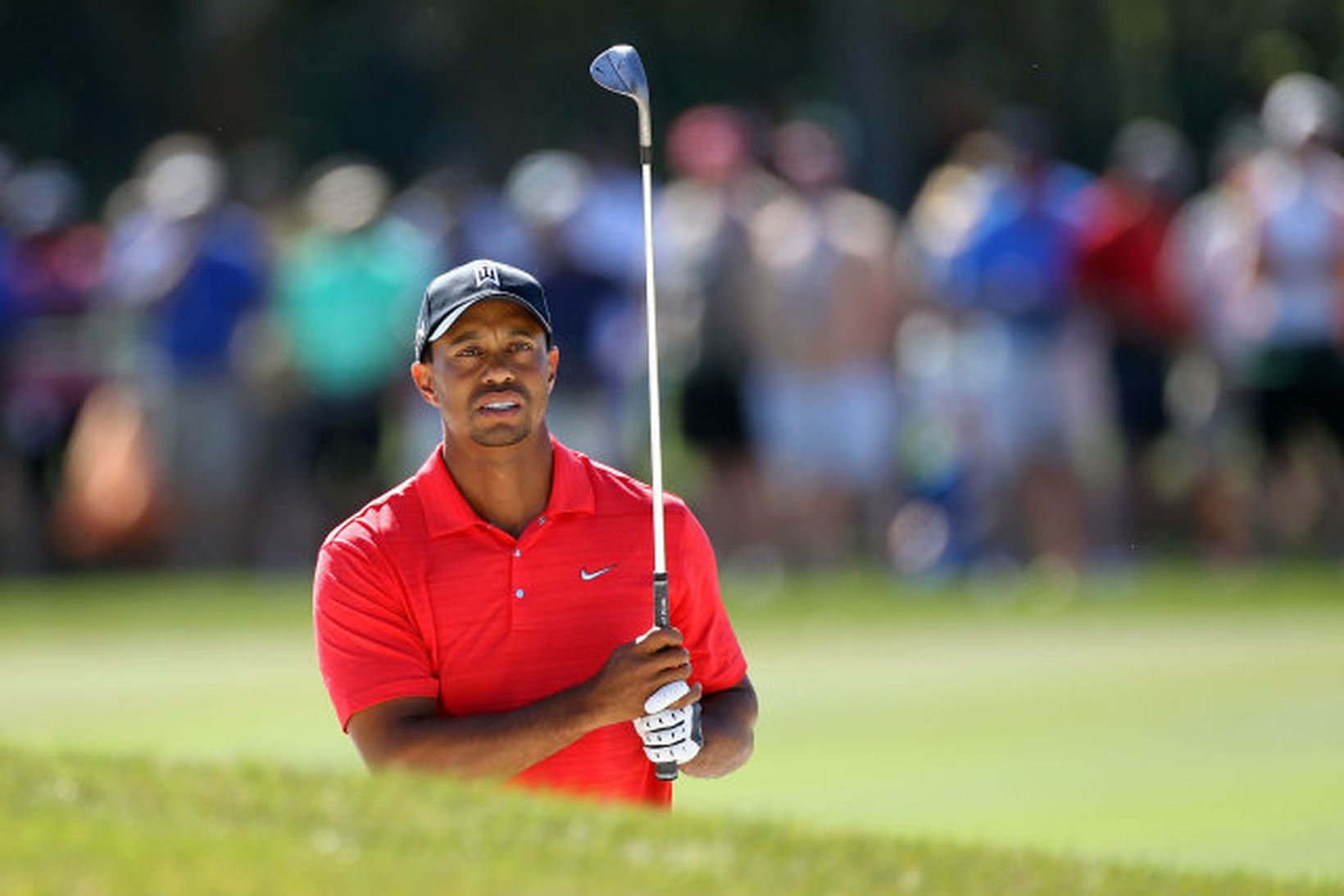 Tiger Woods mundar kylfuna í gær.