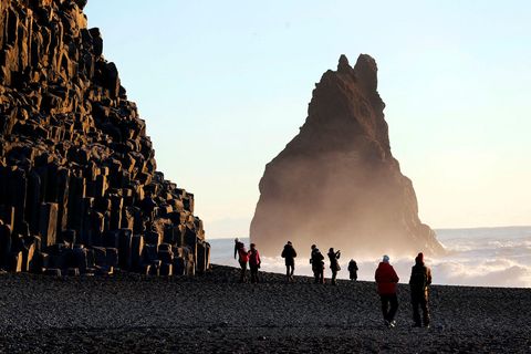 Ferðamenn í Reynisfjöru fengu óvænta hvalaskoðun á dögunum.