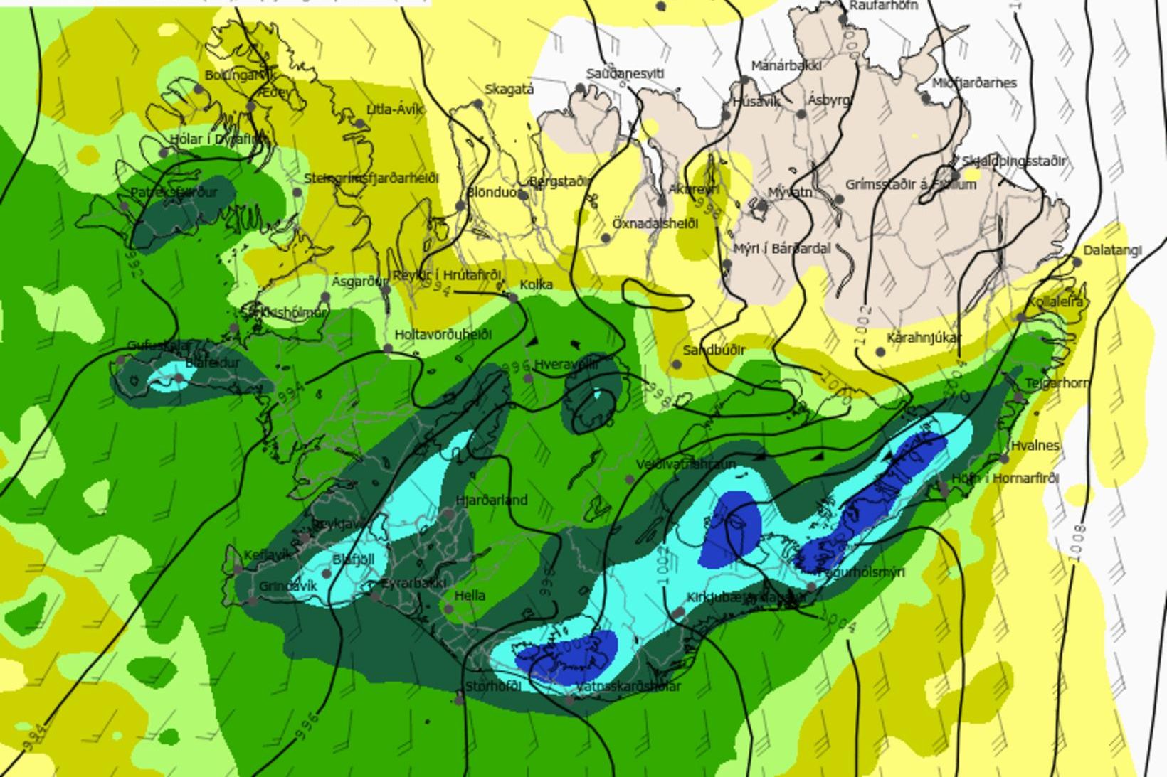 Úrkomuspá Veðurstofu klukkan 12 á laugardaginn.