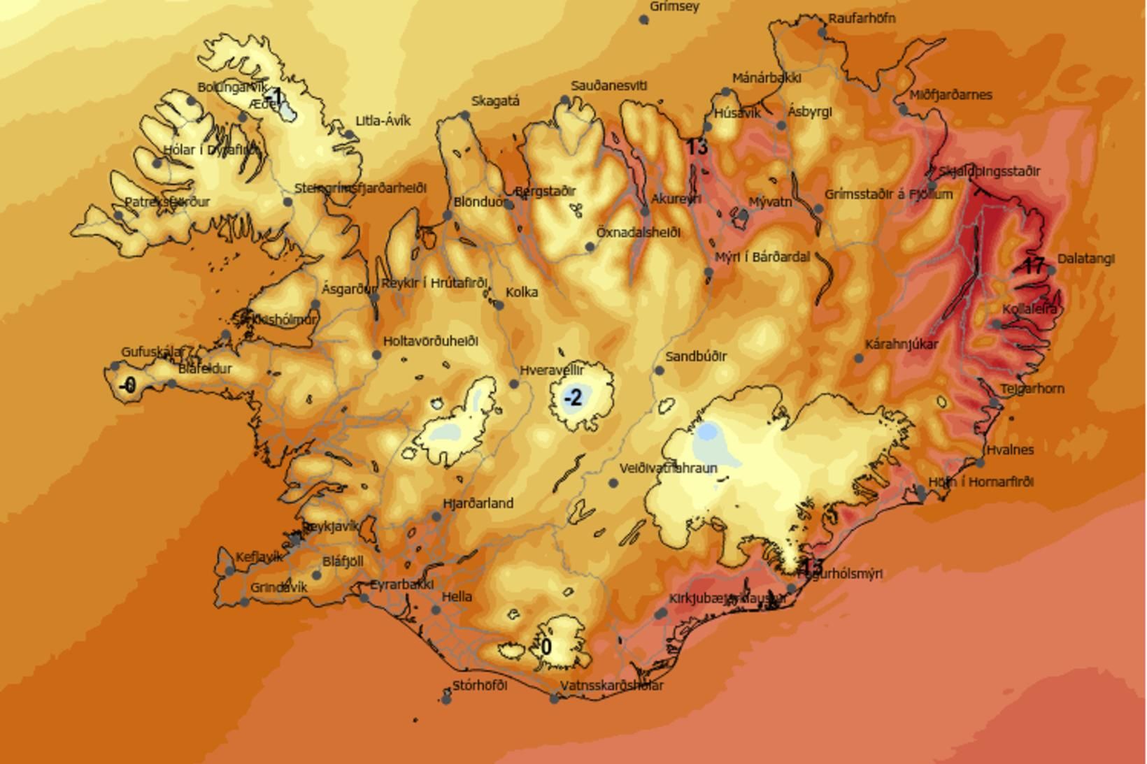 Hitaspá klukkan 14 í dag.