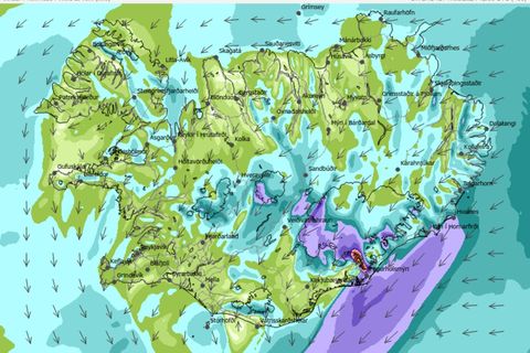 Vindaspá Veðurstofu fyrir kl. 18 að kvöldi mánudags.